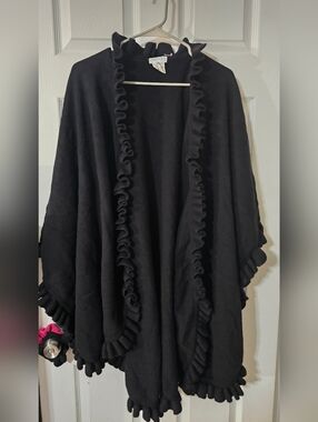 Christian Dior Black Ruffle Trim Wrap Poncho One Size